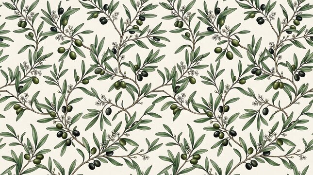 Seamless pattern of olive branches with olives and leaves on a light background