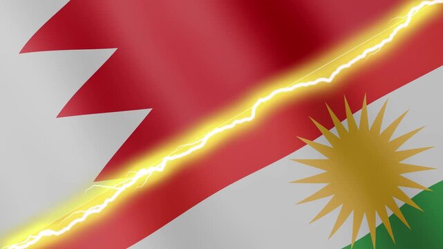 Two waving flags Bahrain and Kurdistan with diagonal lightning seamless, 4k loop