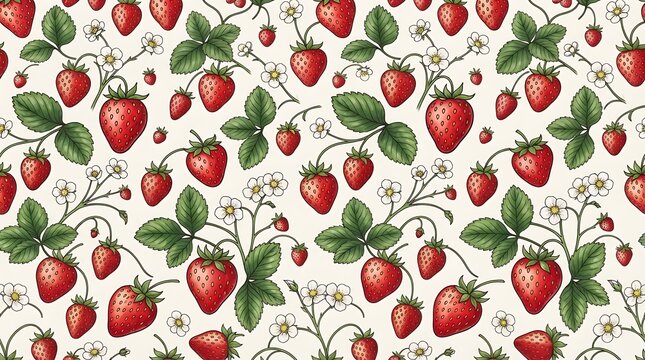 Seamless strawberry pattern with blossom and leaf illustration