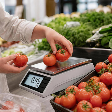 Customer Weighing Fresh Tomatoes on Supermarket Produce Scale