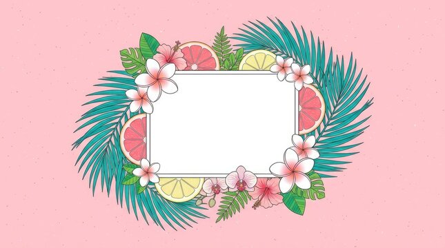 Tropical floral frame with hibiscus and citrus fruits.