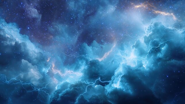 Stormy night sky with lightning bolts hitting thick blue clouds. Cosmic nebula concept with glowing stars and electric charge. Dramatic weather phenomenon in deep outer space background.
