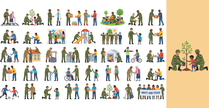 Military personnel engaging in community service and charity activities. Soldiers volunteering, planting trees, and supporting local initiatives.