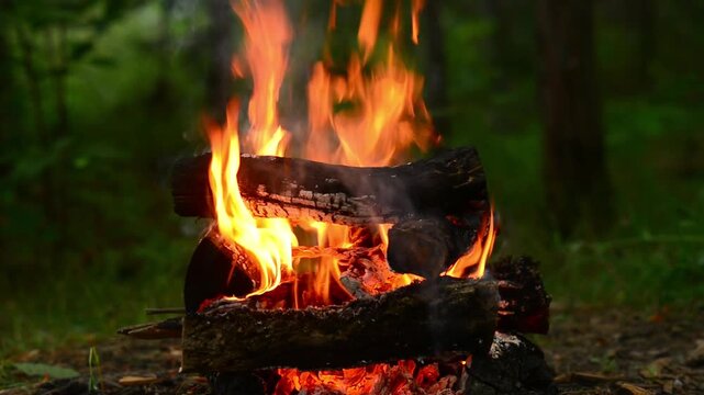 Cinematic dancing campfire flames in dusk forest seamless loop video background with authentic crackling wood fire audio sound and wild birds singing for lofi hip hop, sleep, ASMR.