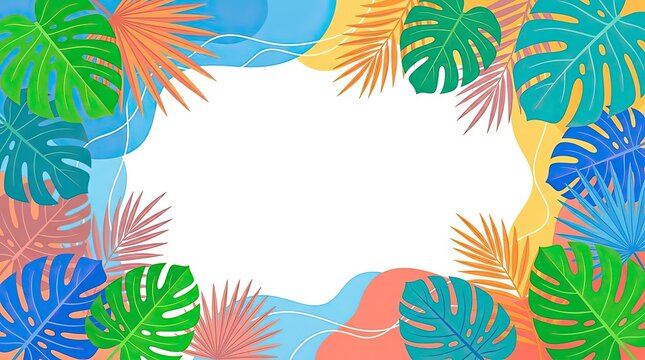 Colorful tropical monstera and palm leaves border background