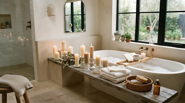Serene bathroom with bathtubs lit by numerous candles natural light