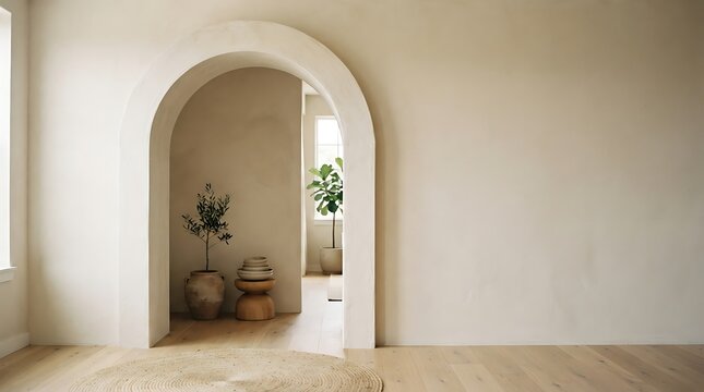 Serene interior archway with natural light and greenery