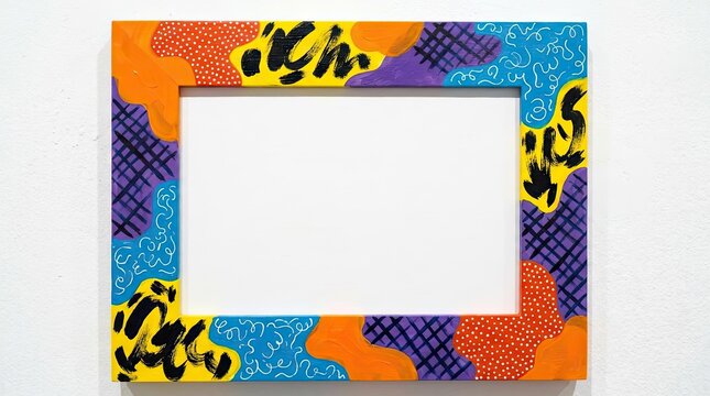 Vibrant colorful abstract patterned picture frame on wall.