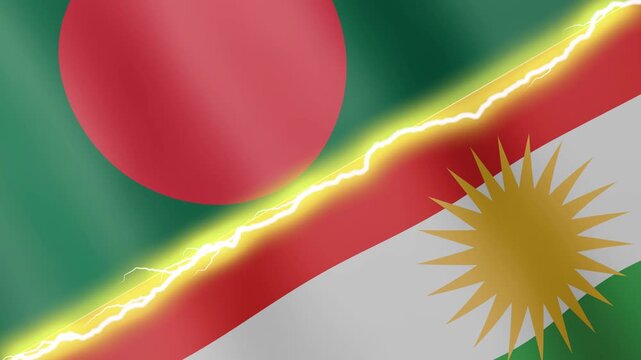 Two waving flags Bangladesh and Kurdistan with diagonal lightning seamless, 4k loop