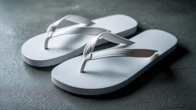 White flip-flop sandals on a dark gray concrete floor. Footwear for summer vacation and beach leisure. Simple minimal design, casual style for relaxing and holiday travel concept.