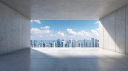Naklejka premium Empty concrete room with open wall overlooking modern city skyline. Architecture interior with urban view. Minimalist design for office space or residential apartment real estate project.