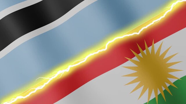 Two waving flags Botswana and Kurdistan with diagonal lightning seamless, 4k loop