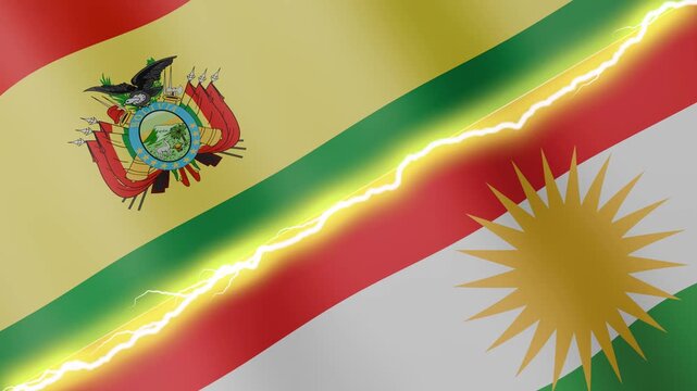 Two waving flags Bolivia and Kurdistan with diagonal lightning seamless, 4k loop