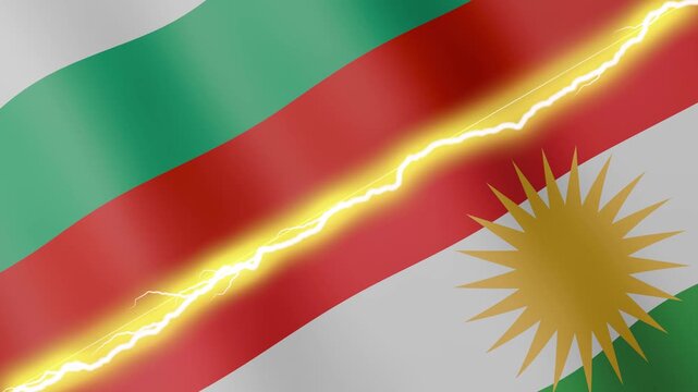 Two waving flags Bulgaria and Kurdistan with diagonal lightning seamless, 4k loop