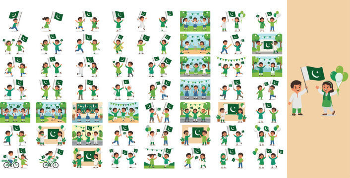 Children celebrating Pakistan Independence Day with flags and festivities. Festive kids enjoying cultural celebrations and outdoor activities.