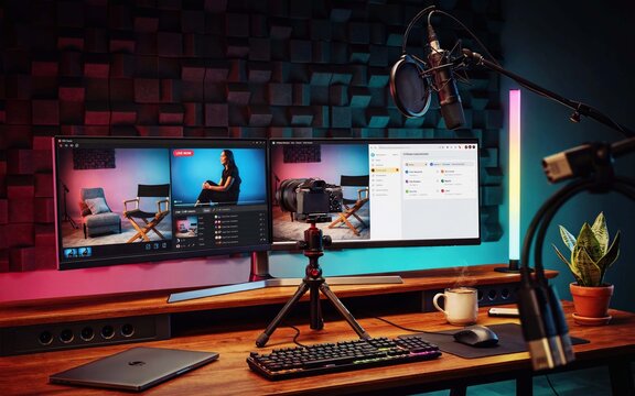A home studio desk setup with dual computer monitors, a camera on a tripod, a microphone, and a keyboard for creation and streaming