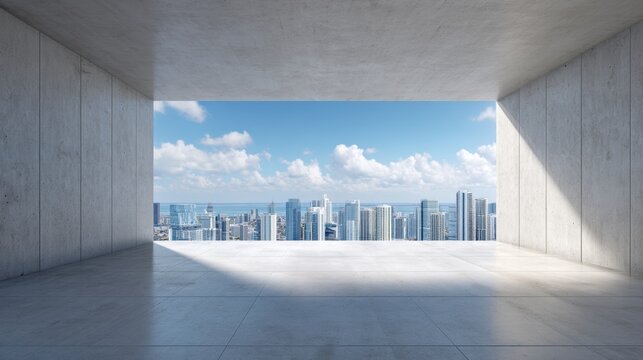 Empty concrete room with open wall overlooking modern city skyline. Architecture interior with urban view. Minimalist design for office space or residential apartment real estate project.