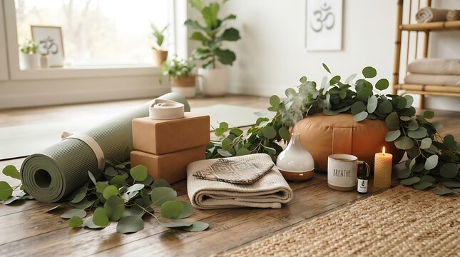Serene yoga studio setup with natural elements and wellness accessories