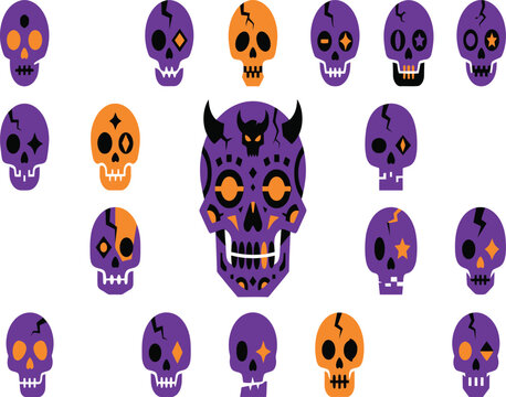 Colorful pixel art skulls with devil mask centerpiece Vector