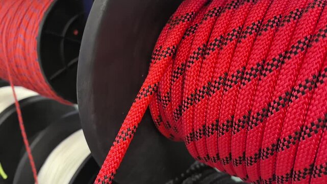 In a lively workshop, skilled hands expertly weave vibrant red and black rope. The rhythmic motions create stunning patterns, showcasing craftsmanship and artistry in every twist.