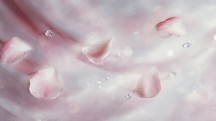 Fototapeta premium Blush flower petals drifting across a dreamy pastel background with soft bokeh