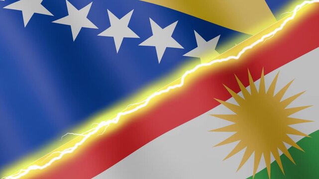 Two waving flags Bosnia and Herzegovina and Kurdistan with diagonal lightning seamless, 4k loop