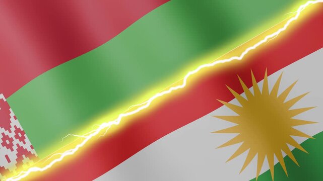 Two waving flags Belarusian and Kurdistan with diagonal lightning seamless, 4k loop