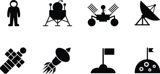 Black silhouette icons of space exploration including astronaut, rover, satellite, rocket, and planetary flags © SAHARA