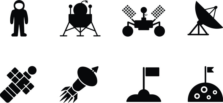 Black silhouette icons of space exploration including astronaut, rover, satellite, rocket, and planetary flags