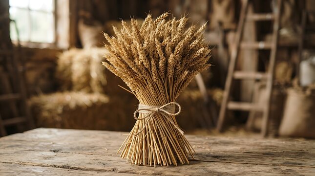 Sheaf of golden wheat stalks tied with twine on rustic wooden surface