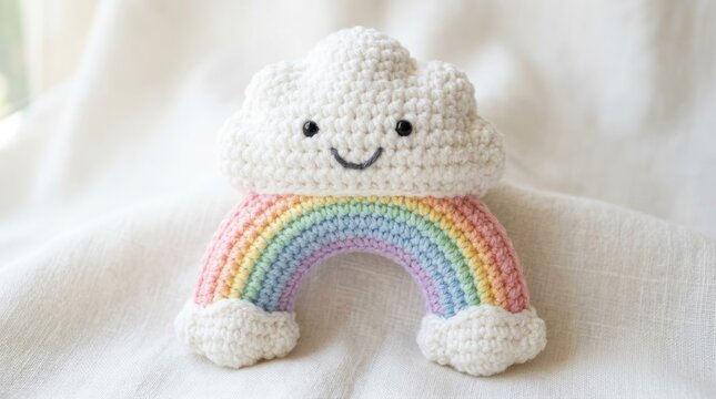 Charming crochet cloud and rainbow toy, a symbol of hope and joy for children.