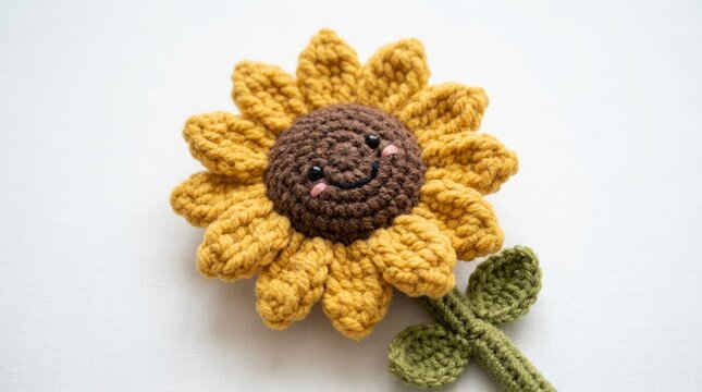 Handcrafted yellow sunflower made from crochet wool with green leaves.