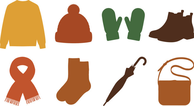 Colorful icons of autumn and winter clothing accessories including sweater, hat, mittens, boots, scarf, socks, umbrella, and bag