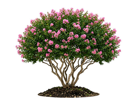 Blooming crape myrtle tree with pink flowers isolated on transparent background
