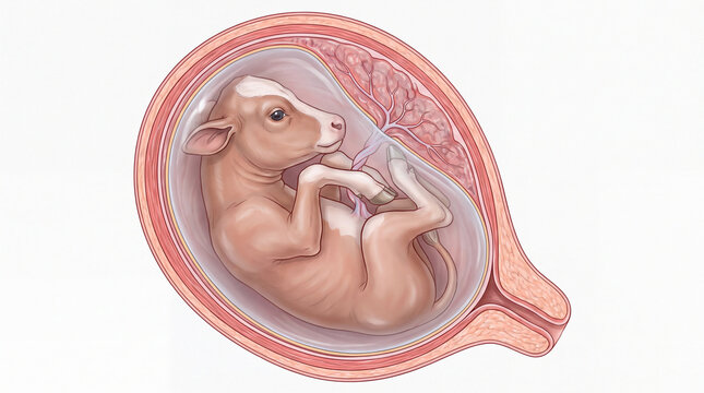 Fetal calf developing in uterus on white background.