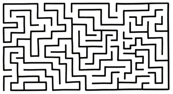 A complex black and white rectangular maze with intricate paths and dead ends, designed as a puzzle or brain teaser.