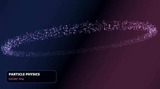 Particle physics collider ring featuring glowing neon light fragments moving in a circular orbital motion trajectory