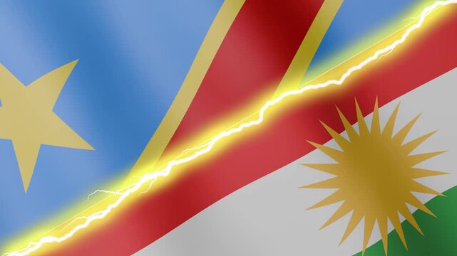 Two waving flags Democratic Republic of Congo and Kurdistan with diagonal lightning seamless, 4k loop