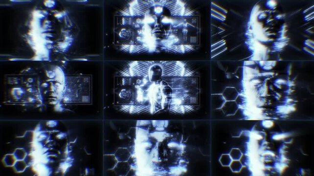 A looping background sequence of digital data style details featuring an AI avatar theme, depicting various concepts including false constructs, AI control and surveillance.