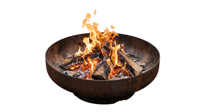 Warm glowing fire burning in a rustic metal fire pit on a white background
