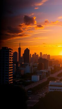 Urban landscape at sunset with city skyline and dark shadow, urban, silhouette