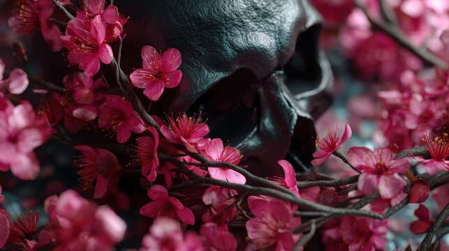 Black human skull surrounded by blooming pink cherry blossom branches. Concept of memento mori representing the cycle of life and death, nature, vanity and transience of human existence.