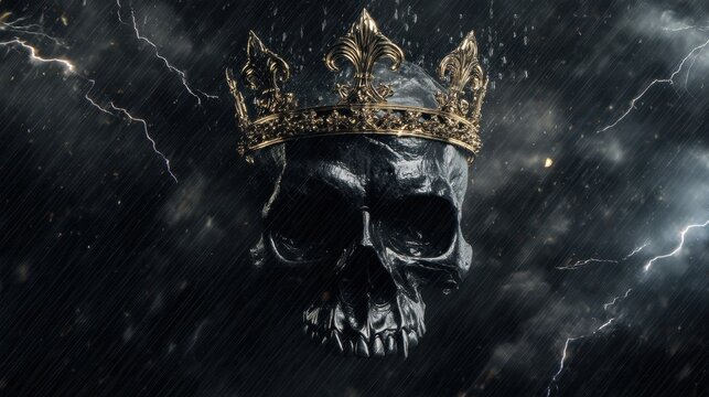 Skull wearing a golden crown against a stormy dark sky with lightning bolts. Concept of power, mortality, death and vanity. Symbolic artistic illustration of a dark royal kingdom.