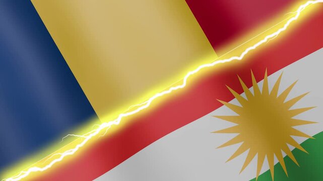 Two waving flags Chad and Kurdistan with diagonal lightning seamless, 4k loop