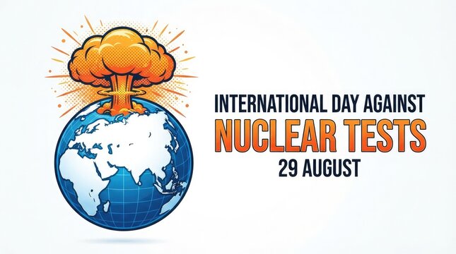 International Day Against Nuclear Tests 29 August banner with globe and nuclear cloud