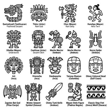 Pre Columbian Indian Culture and Mythology Symbols Ancient Icons Vector Set