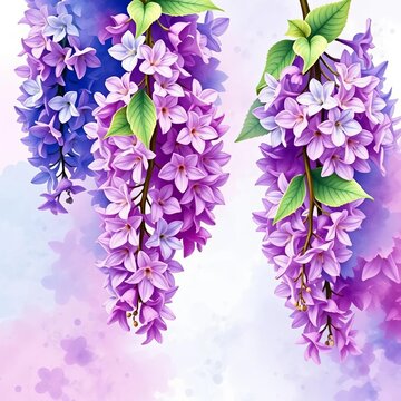 Watercolor-inspired floral abstract background with lilac blue wisteria flowers, soft, illustration
