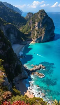 Turquoise waters lap at the shore, surrounded by towering cliffs and lush vegetation, outdoors, ocean