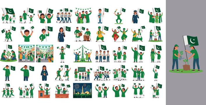 Celebrating Pakistan Independence Day with patriotic crowds and flag displays. Festive scenes of national pride, cultural performances, and communi...