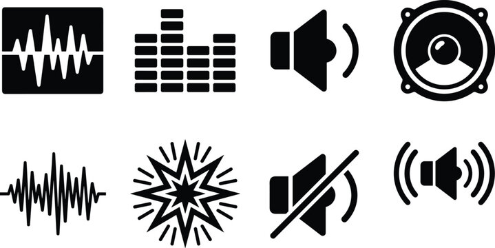 Audio and sound control icon set featuring waveforms, equalizer, speakers, mute, and explosion effect
